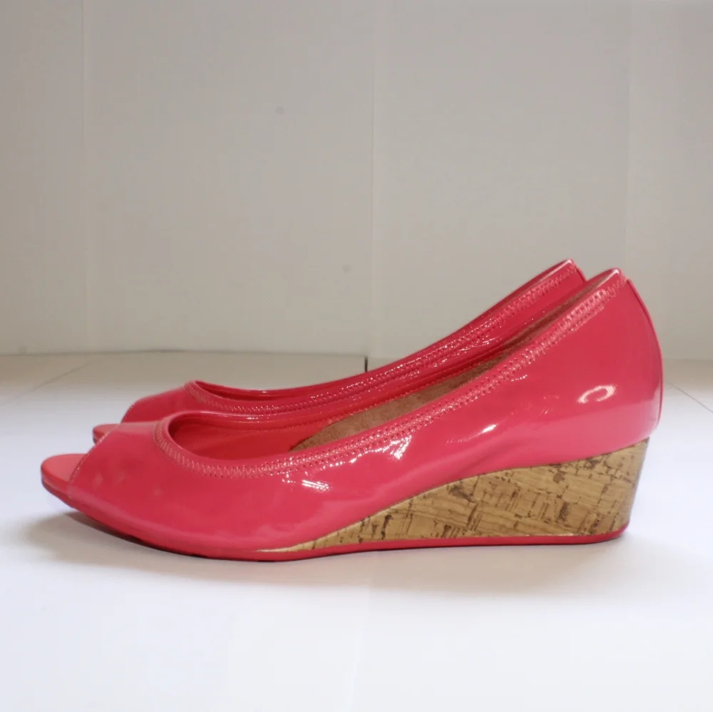 Cole Haan Pink Patent Leather Peep-Toe Wedges with Cork Heel - Picture 7 of 16